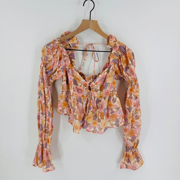 Tularosa Clemencey Floral Smocked Peplum Blouse Linen Blend Long Sleeve Size XS - Picture 7 of 7